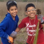 Two boys proudly showing a plug of wetland grass they dug up