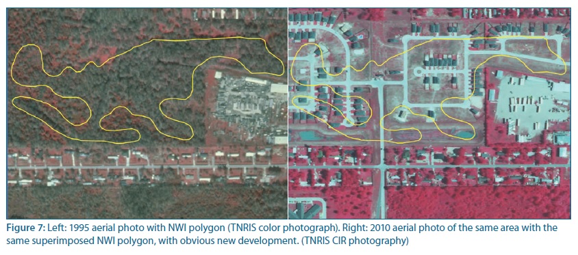 Figure 7: Left: 1995 aerial photo with NWI polygon (TNRIS color photograph). Right: 2010 aerial photo of the same area with the same superimposed NWI polygon, with obvious new development. (TNRIS CIR photography)