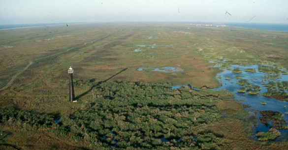 The interdune swales are particularly apparent in this aerial of Matagorda Island. The Matagorda Lighthouse is visible in the left foreground