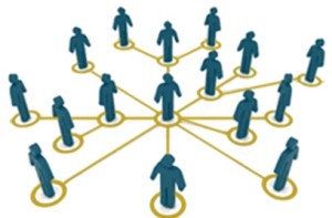 Blue figures connected with a yellow line network